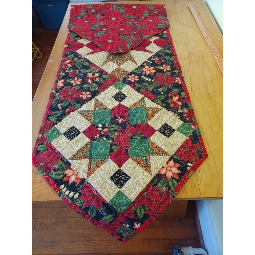 Christmas reversible table runner 17x56 patchwork poinsettia holiday quilted